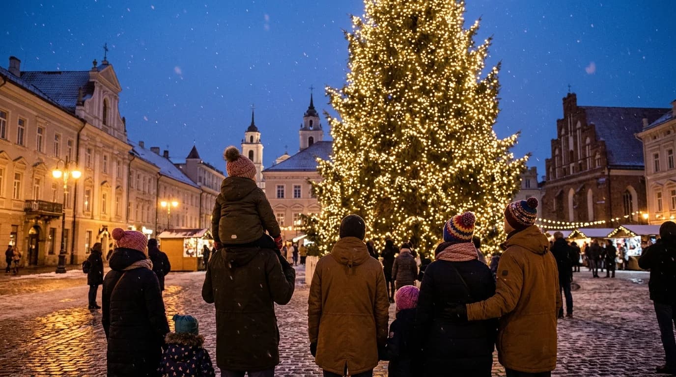 Įžiebta Kalėdų eglė senamiesčio aikštėje, šeimos su vaikais žiūri į šviesas
