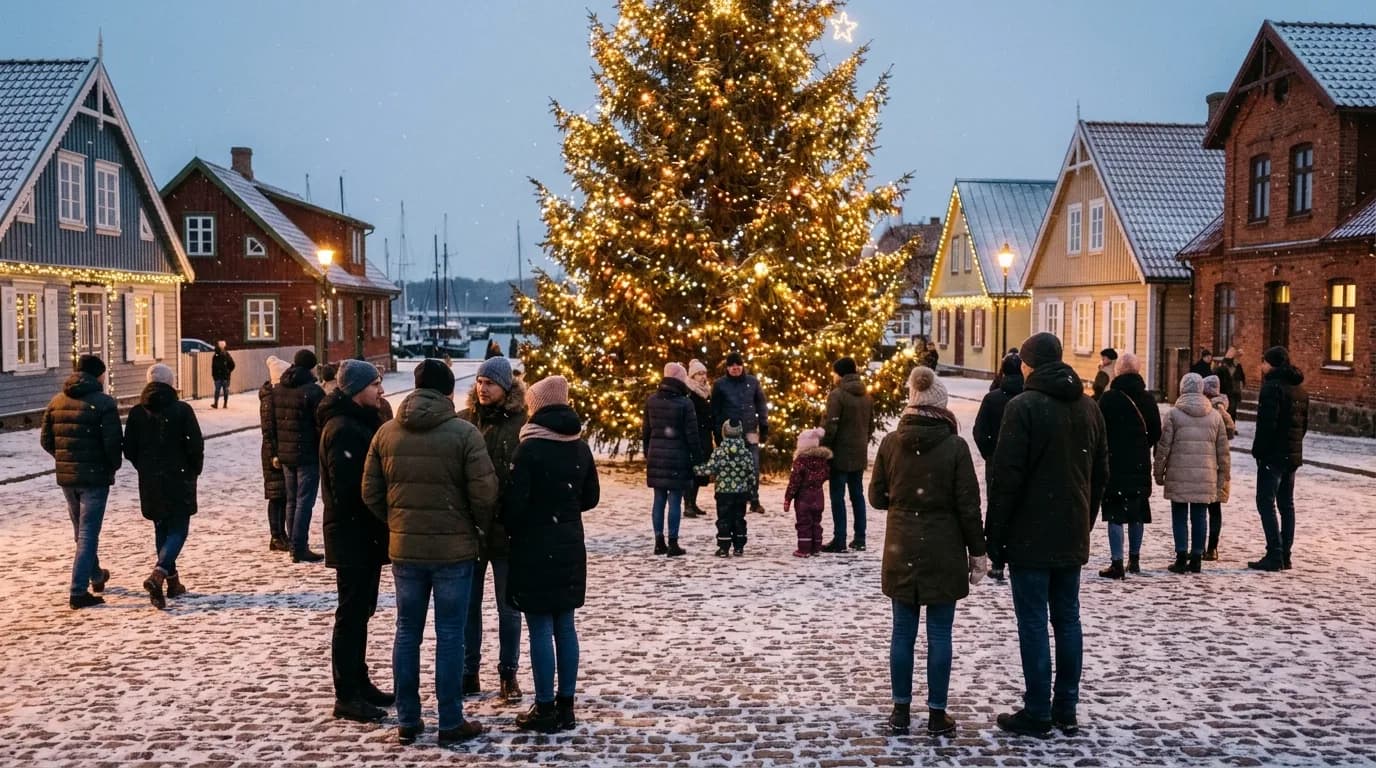 Žmonės vakare žiūri į ką tik įžiebtą Kalėdų eglę miestelio aikštėje