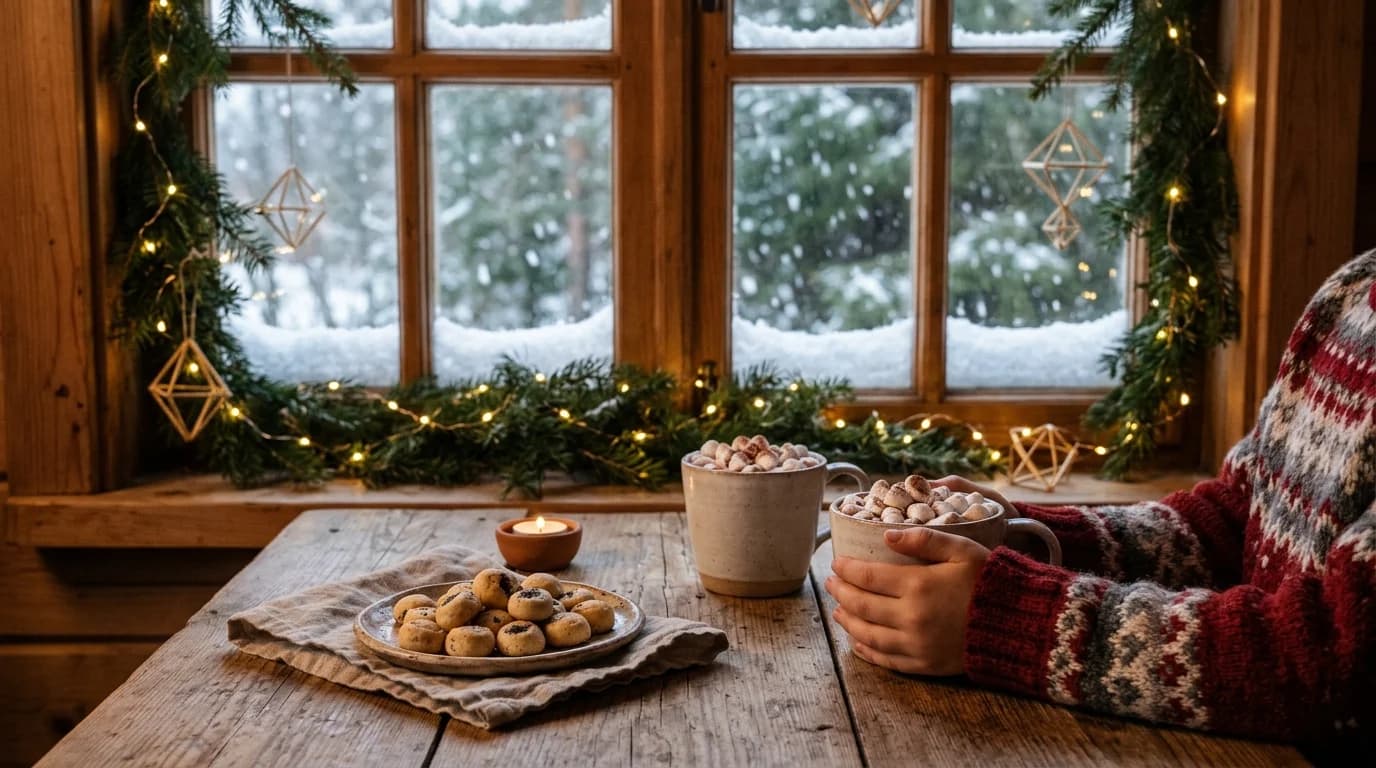 Du puodeliai karšto šokolado su zefyrais ant medinio stalo prie lango, už jo sninga ir šviečia girlianda