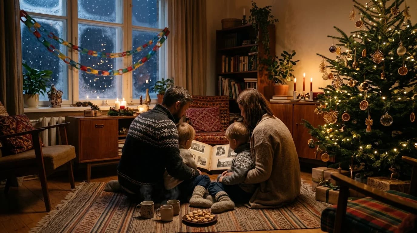 Šeima iš nugaros sėdi ant kilimo prie eglutės ir kartu žiūri į nuotraukų albumą