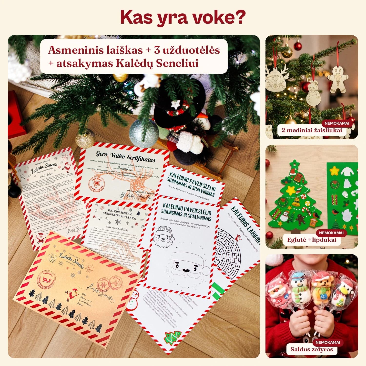 Kas yra voke: asmeninis laiškas, 3 užduotėlės, atsakymas Kalėdų Seneliui, 2 mediniai žaisliukai, eglutė su lipdukais ir zefyras