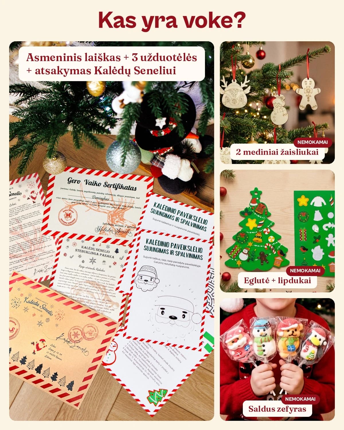 Kas yra voke: asmeninis laiškas, 3 užduotėlės, atsakymas Kalėdų Seneliui, 2 mediniai žaisliukai, eglutė su lipdukais ir zefyras